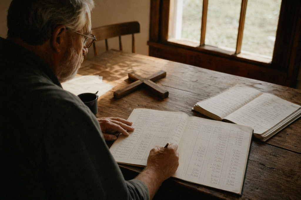 An older steward at a heavy wooden table writing in an open ledger; a small wooden cross laid next to the columns; warm morning window light. Honest accounting as worship.