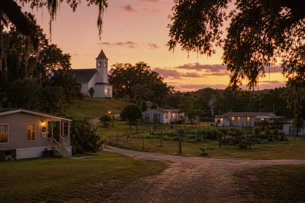 A small Christian community in the rolling hills of South Carolina at golden hour: a simple white chapel, a bell tower, manufactured homes with warm porch lights, a community garden, live oaks, dusty rose sky.