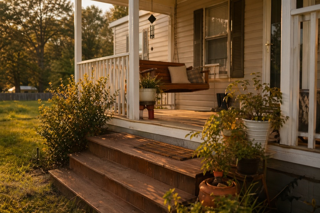 Front porch of a well-kept Christian family home: porch swing, potted plants, white siding, golden-hour light, wind chime.