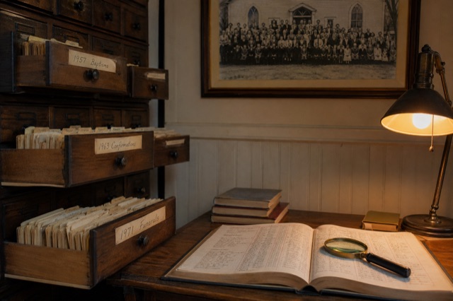 A small church archive room: dark wooden cabinet with shallow drawers labeled by year and event, framed black-and-white photograph of an early congregation above.