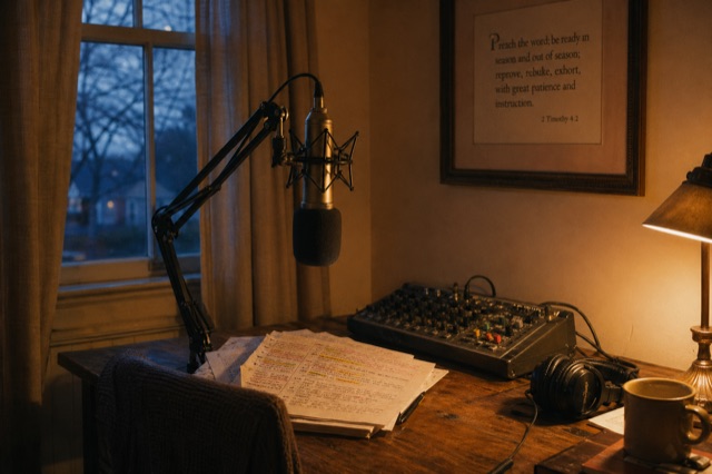 A modest home recording corner with a vintage condenser microphone, hand-marked sermon manuscript, and small mixing console.