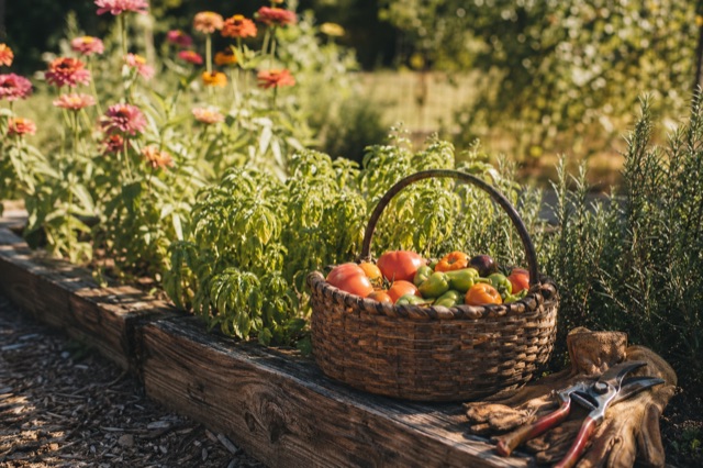 A hand-woven basket on a raised bed full of just-picked tomatoes and peppers, work gloves and pruning shears beside it.