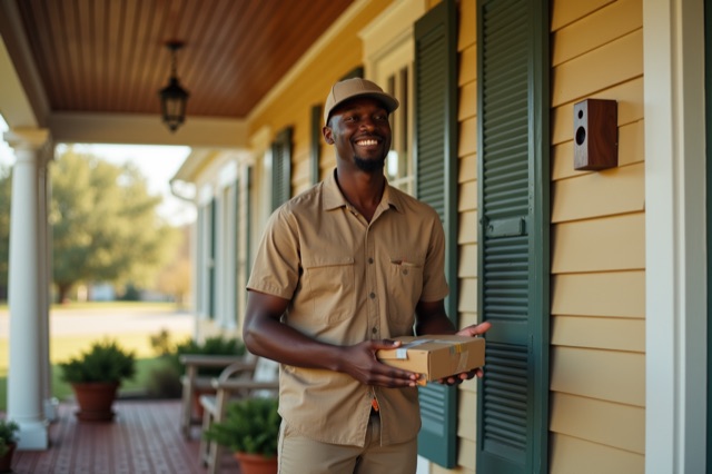 A delivery driver in brown uniform on the front porch of a Christian home at midday, smiling slightly, holding a small package, looking toward the door.