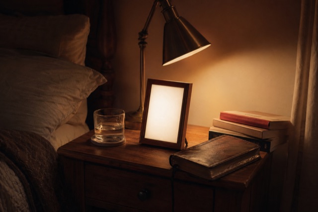 The walnut-framed e-ink Lamp on a wooden nightstand, brass reading lamp, leather Bible, dim cozy evening.