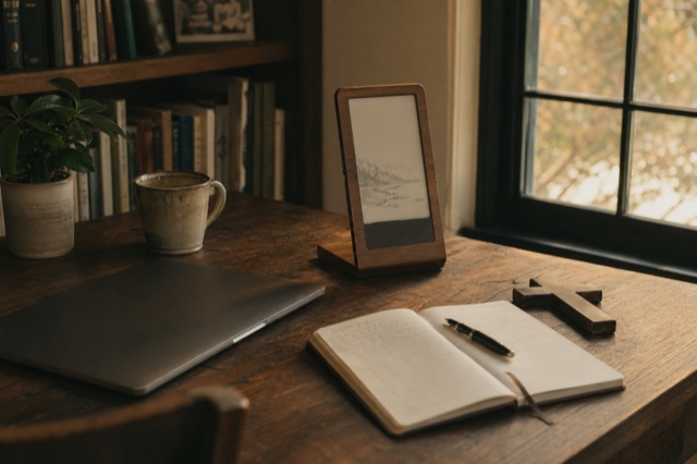 The walnut-framed e-ink Lamp on a tidy home office desk, closed laptop, wooden cross paperweight, late afternoon light.