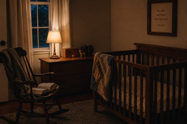 A child's nursery at dusk: amber lamp, wooden crib with a quilted blanket, rocking chair, open children's Bible, walnut device glowing softly.