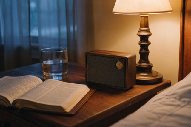 A small handcrafted walnut device on a bedside nightstand next to an open leather Bible, warm lamplight, early morning.