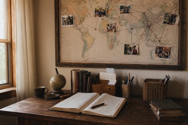 A wooden table with a framed world map, missionary photographs pinned to it with twine, a ledger book open on the table.