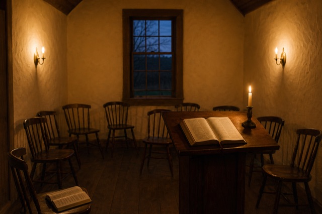 The same chapel at evening, amber lamplight, an open hymnbook on a chair, a lit beeswax candle on the lectern beside the open Bible.